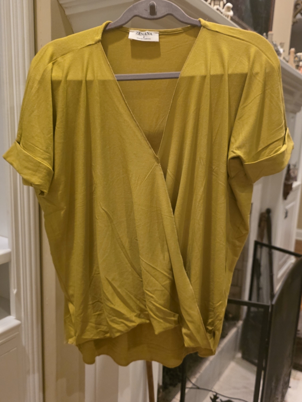 Zenana Outfitters Olive-Mustard Faux Wrap Short Sleeve Top. NWOT!